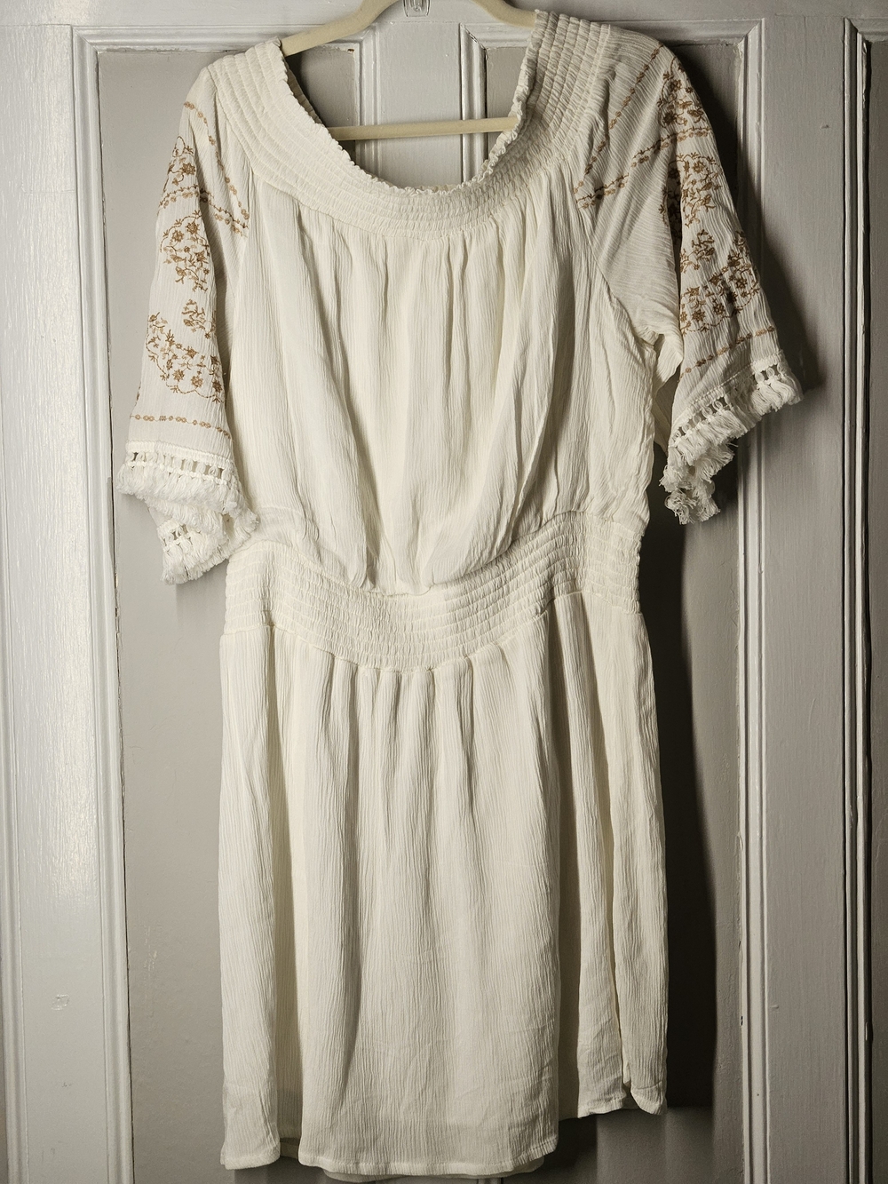 NWT Xhilaration Cream  Off The Shoulder Mini Dress with Brown Embroidery Sz L